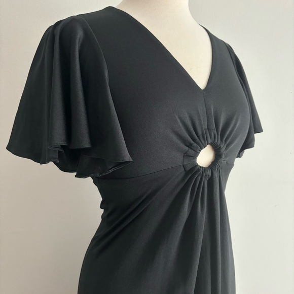 Vintage 70s Black Keyhole Flutter Sleeve Maxi Dress 38 - Picture 4 of 10